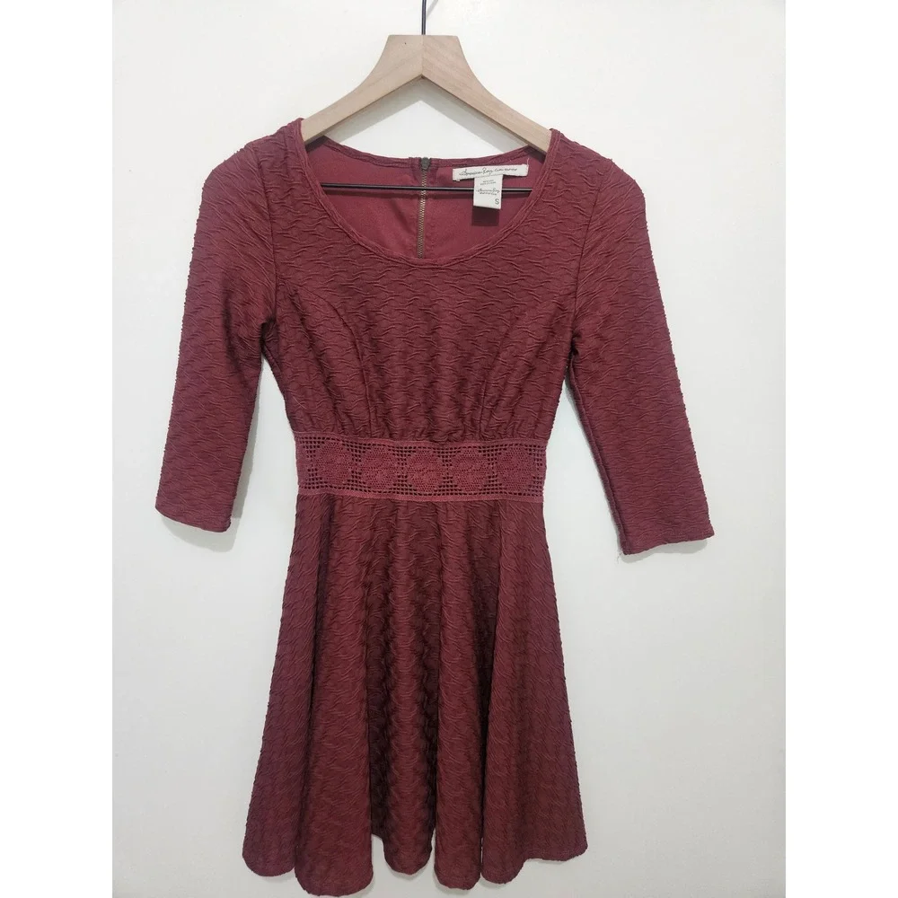 American Rag Cie Burgundy Textured Fit‎ and Flare Mini Dress Crochet Waist Small